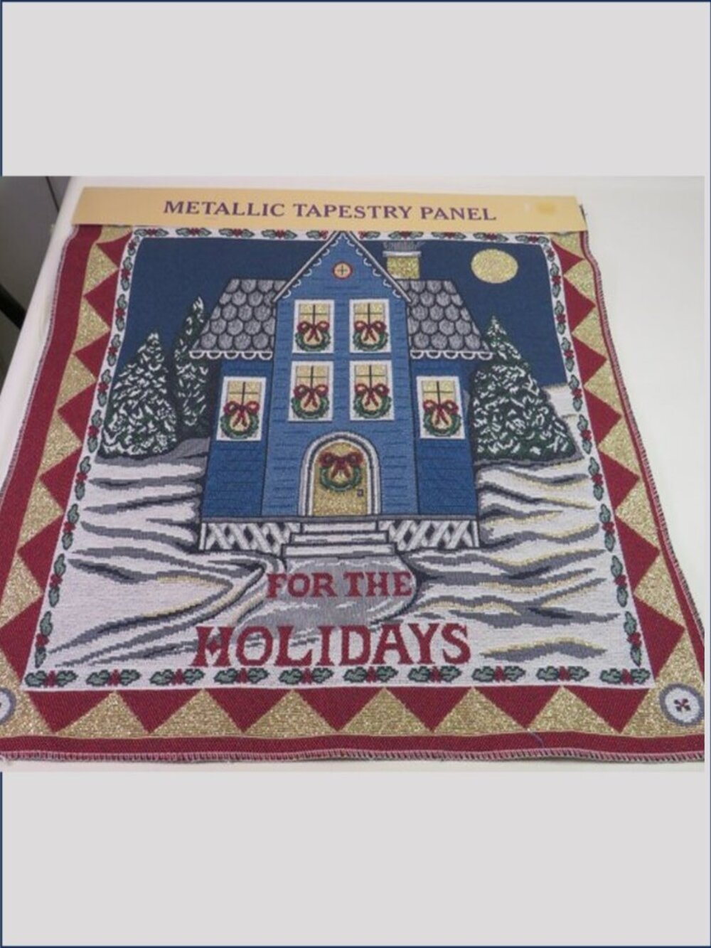 Vintage Home for the Holidays Blue Winter House Metallic Tapestry Panel 17x17